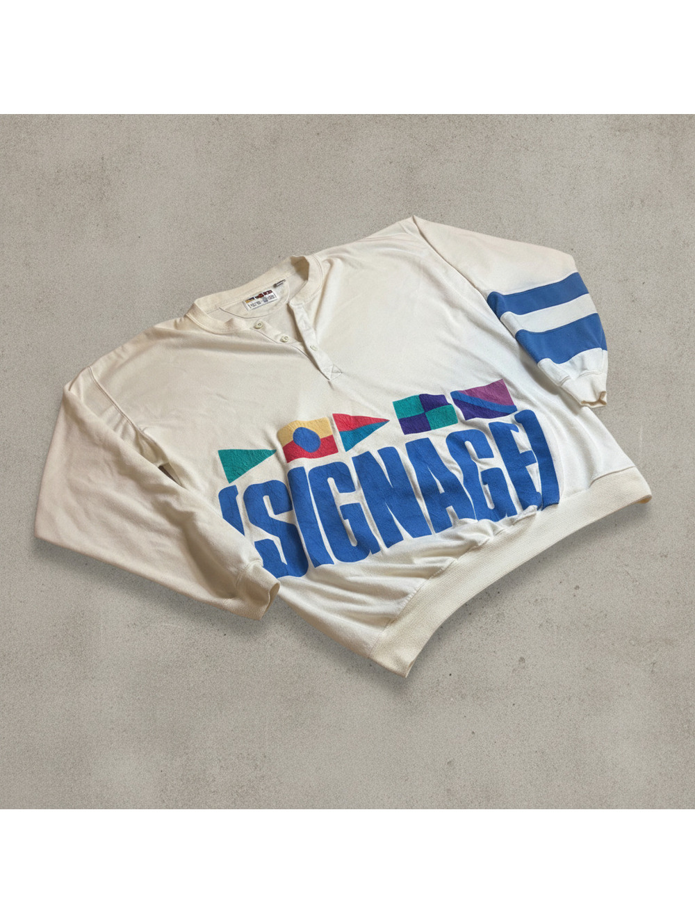 Vintage Signage Mens Large White Nautical Flag Graphic Henley Sweatshirt 90s